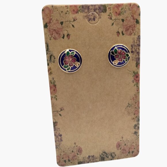 Vintage Cloisonné Flower Stud Earrings Round Blue Pink Enamel - Picture 2 of 5